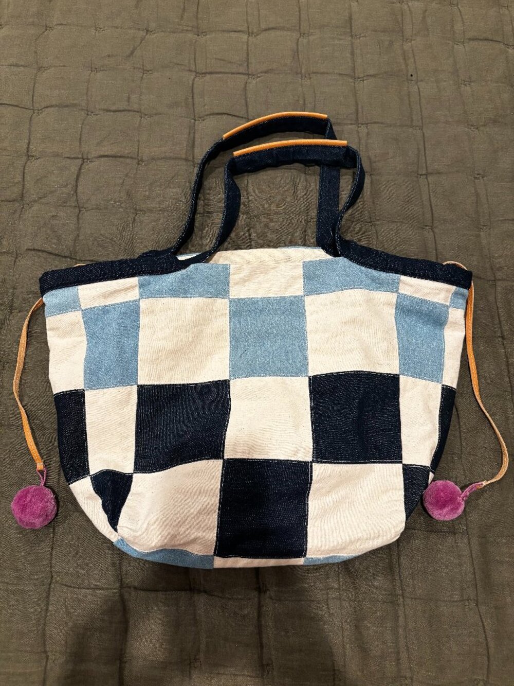 Mercado Global Handwoven Denim Patchwork Checkered Tote Bag Pom Pom